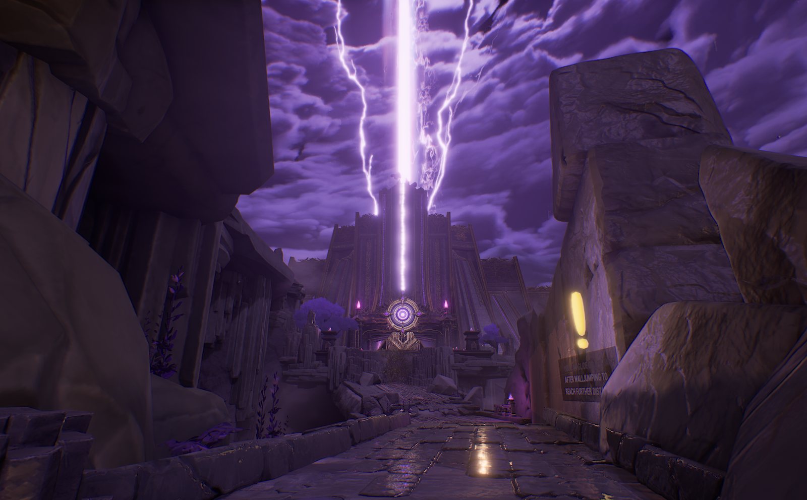In-game screenshot: a stone road leads to a temple under a violet storm, a beam of light rising from its tower